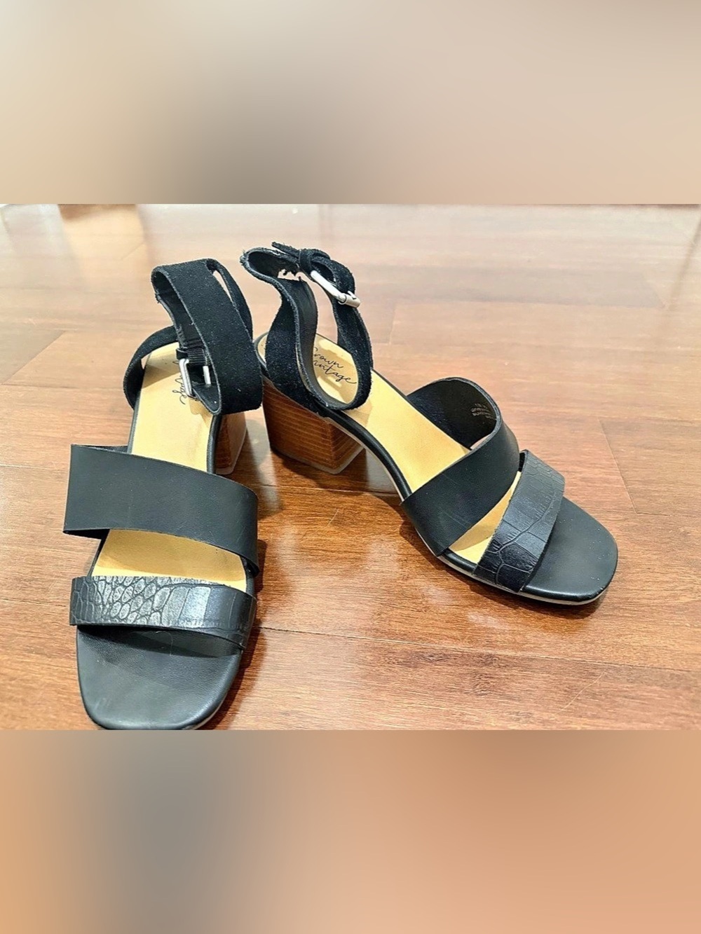 Crown Vintage Lorren Sandal Black Block Heel Ankle Strap Sandals